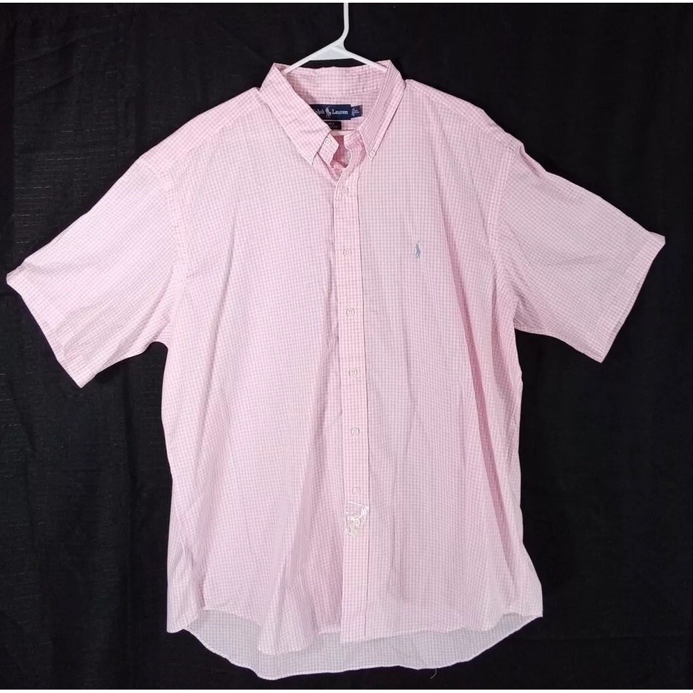 Ralph Lauren Shirt Men Size XL Pink White Checker Plaid Button Cotton Short Sl